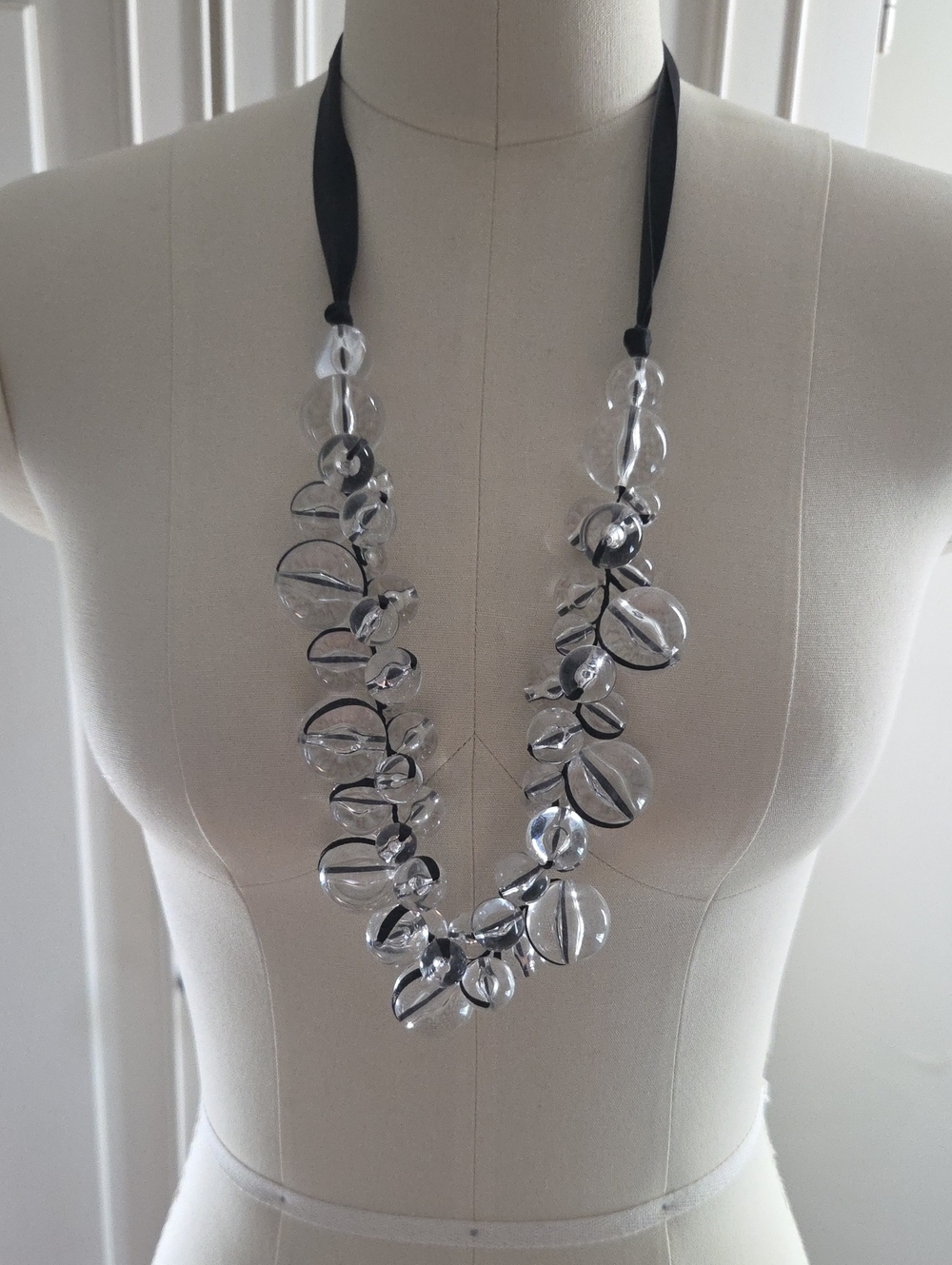 Clear Beaded Statement Necklace with Black Ribbon